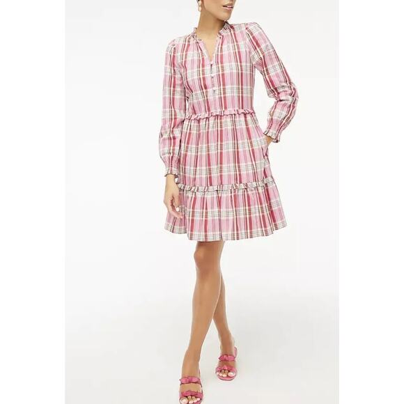 J. Crew‎ Plaid Ruffle Trim Preppy Mini Dress Sweet Briar Marine Salt Pink Size 8 - Picture 3 of 10
